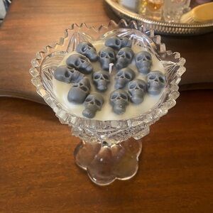 Gray and white Skull Soy Candle in Vintage Crystal Compote - beach nights scent